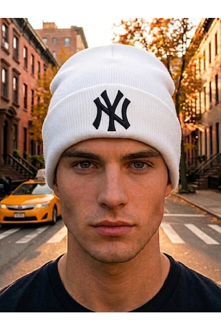 Hamze Ny New York Nakışlı Unisex Pamuklu Akrilik Kışlık Bere Beyaz