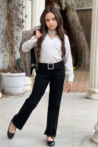 Riccotarz Kız Çocuk Yakası Açık Ve Taş Detaylı Bluz Ekose Çizgi Blazer Ceket Kemerli Siyah Alt Üst Takım Siyah