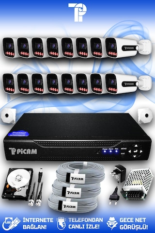 Picam 16 Kameralı Zebra 16 Dış Kamera Set 250 Gb 5 Mp 2k Net Gece Görüşlü Güvenlik Kamerası Sistemi
