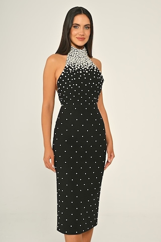 Halter Yaka Boncuklu Krep Midi Abiye Elbise Alfa Beta Siyah