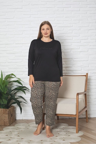 Büyük Beden Uzun Kollu Leopar Desen Milan Pijama Takımı Siyah Leopar