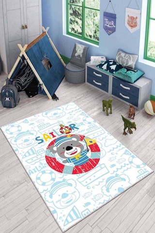 Mavi Kaymaz Tabanlı Yıkanabilen Denizci Bebek Halısı Ar031n11