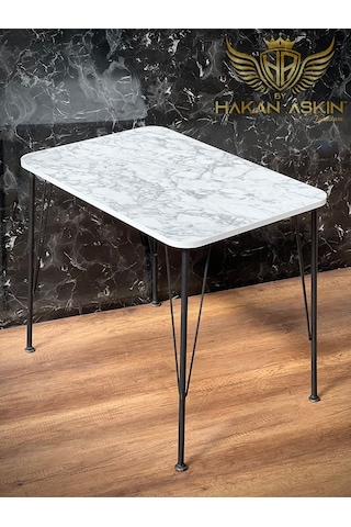 By Hakan Aşkın Siyah Metal Ayaklı 60x90 Cm Tek Masa Parlak White Marble 2023 Mutfak - Balkon - Çalışma Masası Parlak Beyaz Mermer Desen