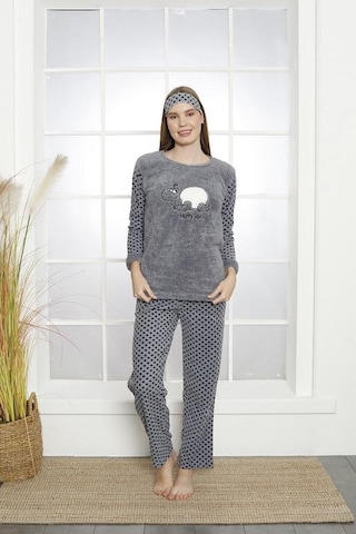 Kadın Uzun Kollu Cepli Gül Polar Pijama Takımı M01861 Füme