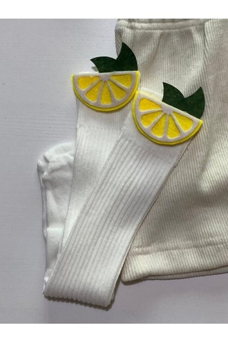 Özge Başaran Sevimli Limon Desenli Krem Renk Kız Çocuk Şortlu Takım Fiyonklu Saç Bandı Ve Çorap Krem