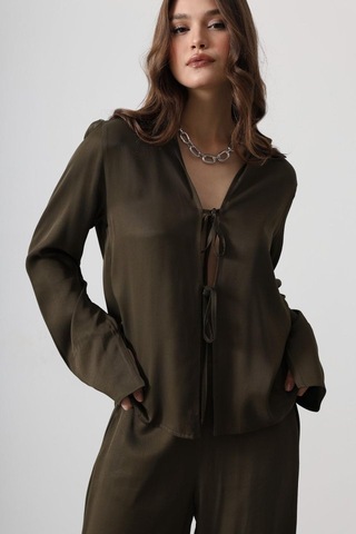 Ge Ticaret Önden Biyeli Bluz Ve Pantolon Takım - Haki Haki