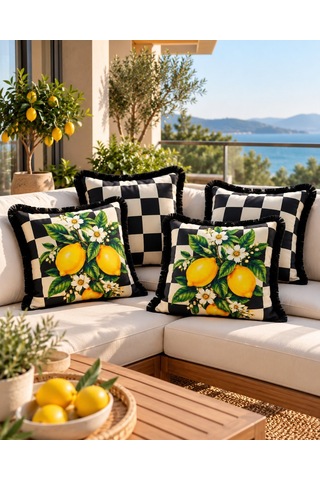 Damalı Limon Desenli 4 Lü Saçaklı Kırlent Kılıfı 45 x 45