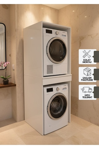 Altay Çamaşır Makinesı Ve Kurutma Makinesi Dolabı Çekmeceli Banyo Dolabı Beyaz Beyaz
