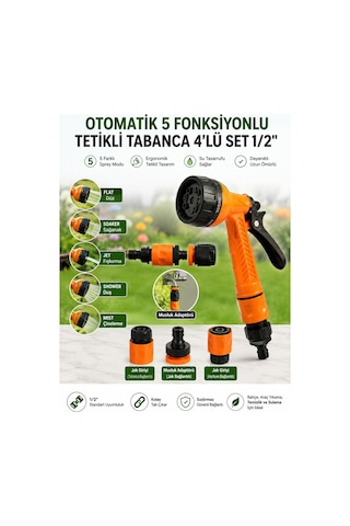 Otomatik 5 Fonksiyonlu Tetikli Bahçe Sulama Tabancası 4'lü Set 1/2" Musluk Adaptörü + 2 Adet Jak Girişi Bahçe, Araç Ve Temizlik İçin