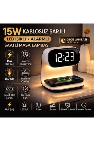 Polham 15w Kablosuz Şarjlı Led Masa Lambası Saat Alarm Özellikli Dijital Saat Gece Lambası Led Ekran Beyaz