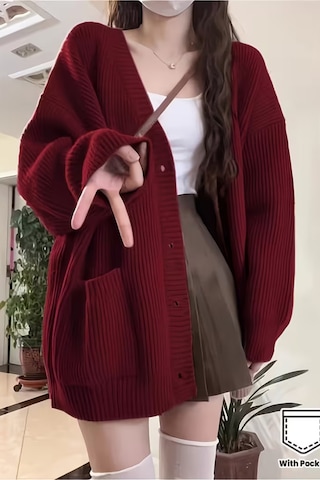 Kadın Oversize Cepli Düğmeli V Yaka Triko Hırka Bordo