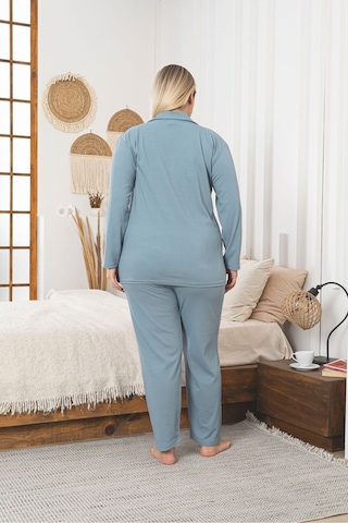 Büyük Beden Boydan Düğmeli Kaşkorse Kumaş Pijama Takımı Mavi