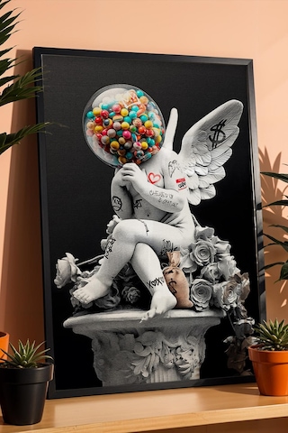 Pop Art Cupido Eros Melek Heykeli Grafiti Çerçeveli Tablo Sokak Sanatı Ofis İş Yeri Dekoru Modifiye Sanat