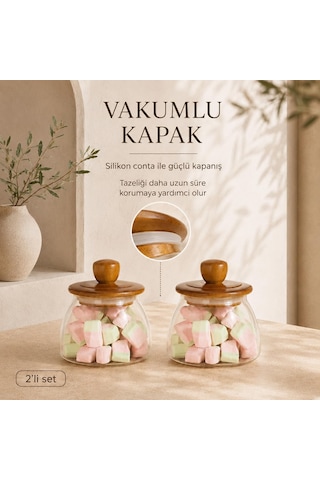 2'li Set 500 Ml Doğal Akasya Kapaklı Vakumlu Cam Kavanoz Saklama Kabı Çok Renkli