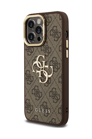 Apple Uyumlu iPhone 13 Pro Max Kılıf Guess Lisanslı Metal 4g Ve Yazı Logolu Kamera Standlı Kapak Kahve