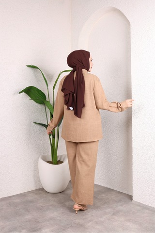 Hira Life Fashion Kadın Çift Cepli Önü Bağlamalı Düğmeli Tunik Pantolon Tessetür İkili Takım Vizon Vizon
