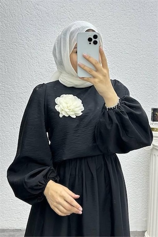 Dip Moda Kadın Çiçek Detaylı Etekli Tesettür Takım Dpnms004 Siyah