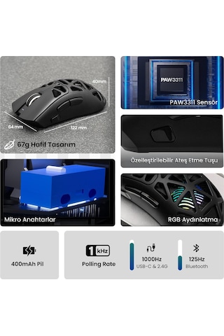 Aula Sc620 Paw3311 Sensör 12000 Dpı 1000hz Kablolu Ve Kablosuz Gaming Oyuncu Mouse Siyah Sc620