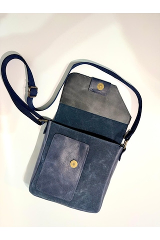 Natderi Hakiki Deri Ve Kanvas Omuz Çantası 20x21 Cm Ayarlanabilir Askılı, Ön Cepli Unisex Günlük Çanta Lacivert