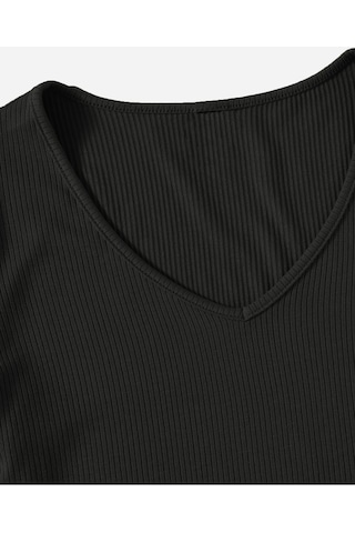 V Yaka Siyah Renk Fitilli Kısa Kollu Regular Crop Top Bluz Siyah