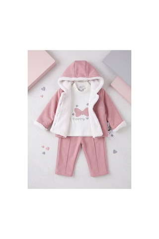 Deniva Kids Kız Bebek Pelüş Detaylı Kapüşonlu Ceket, Fiyonk Baskılı Bluz Ve Eşofman Altı 3'lü Kışlık Takım Pembe