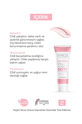 Sinoz Pink Touch Spf 50 Cilt Aydınlatıcı Ton Eşitleyici Pembe Yüz Tüm Ciltler İçin Güneş Kremi 50 ML