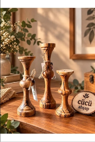 Cücü Ahşap 3 Lü Doğal Ahşap Şamdan Seti