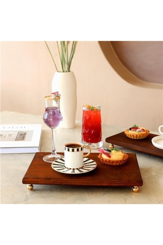 Akayev Ahşap 35x23 Cm Gold Altın Boncuk Ayaklı Sunum Tabağı Beyaz