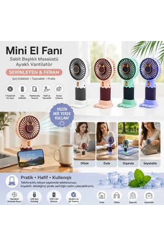 Usb Şarjlı Mini El Fanı Çap:8.4 - Y:16cm Sabit Başlık 3-kademe Hızt Elefonluklu Masaüstü Ayak Vantilatör 5580