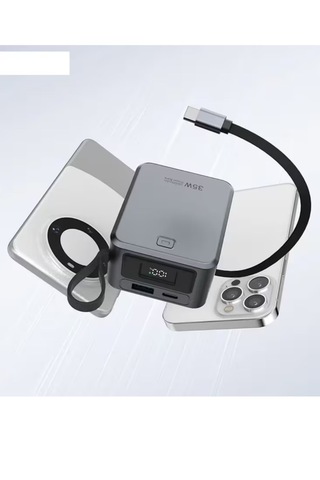 Mini Pd 35watt 10.000mah Lcd Göstergeli Usb-c , Usb Giriş Dahili Usb-c Kablolu Powerbank siyah