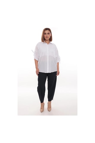 Lady Majestic Cotton Büyük Beden Kadın Pamuklu Gömlek Rahat Kesim, Düğmeli, Volan Kol Detaylı Beyaz