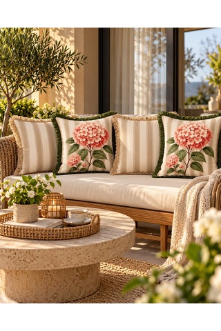 Çizgili Çiçek Desenli 4 Lü Kırlent Kılıfı Seti 45 x 45