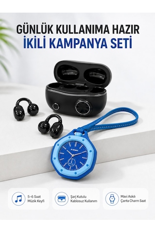 Kablosuz Kulaklık Mavi Çanta Aksesuar Saati Kampanyalı Müzik Ve Günlük Kullanım Seti Altın