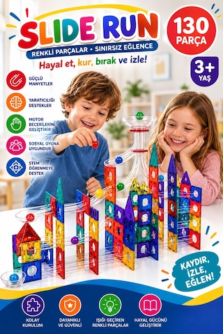 Slide Run 130 Parça Manyetik Blok Seti Bilye Parkuru Ve Yapı Oyuncağı 3+ Yaş