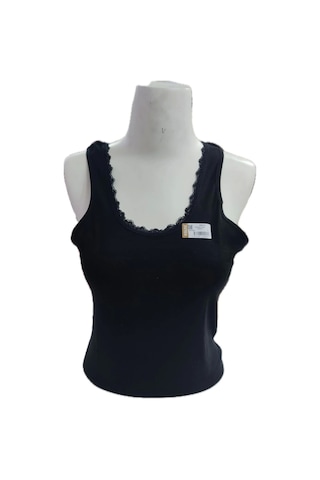 Kolcu Geniş Askılı Dantel Detaylı Kadın Atlet - Siyah Siyah