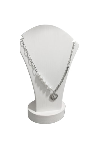 Kadın Çelik İncili Farklı Zincir Detaylı Kalp Kolye Gümüş Renk Çelik