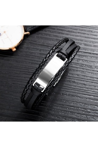 Tesbihane Minimal Tasarım Siyah Deri & Gümüş Renk Plaka Kişiye Özel İsim Harf Yazılı Bileklik
