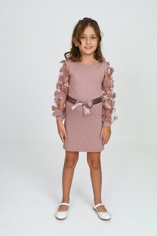 Belden Bağlamalı Tül Detaylı Çocuk Elbise Mykids Collection Pudra