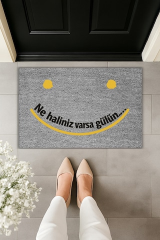 Rugmood Modern Dijital Baskı - Ne Haliniz Varsa Gülün : - Kapı Önü Paspası Gri