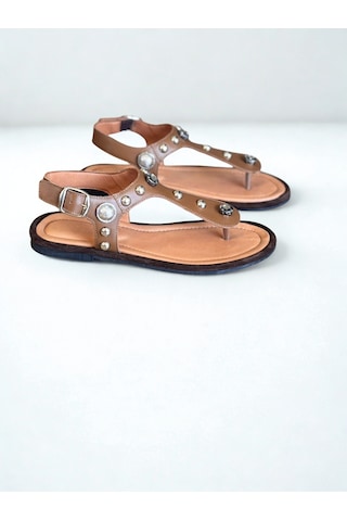 Ne&ve Shoes Taba Hakiki Deri Kadın Parmak Arası Taşlı Sandalet