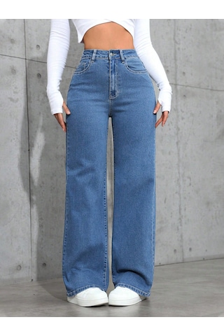 Orta Mavi Palazzo Pantolon Wide Leg Yüksek Bel Denim Jeans Orta Mavi