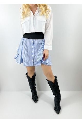 Modaonna Kadın Mavi Beli Lastik Detaylı Çizgili Tasarım Etek Mavi