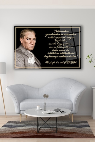 Atatürk Ve Sözleri Yatay Cam Tablo Evlika, Modern Ev Ofis Salon Duvar Dekoru Hediyelik Büyük Tablo Dekor