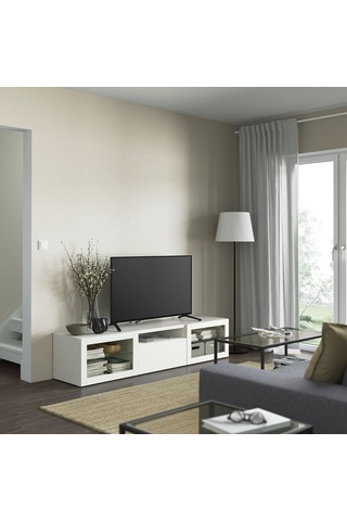 Tv Sehpası, Beyaz-şeffaf Cam, 180x42x39 Cm, Lappvıken/sındvık, Fren Raylı Beyaz