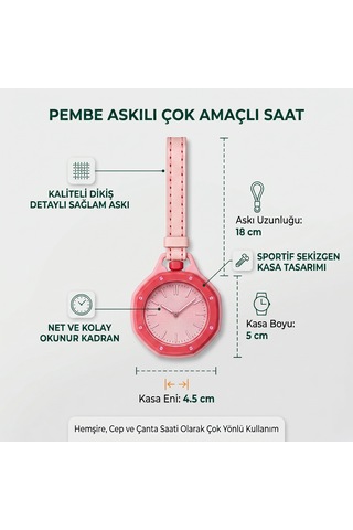 Piyatech Renkli Detaylı Askılı Cep Saati Hemşire Saati Çanta Ve Pantolon Aksesuarı Anahtarlık Unisex Sekizgen Saat Pembe