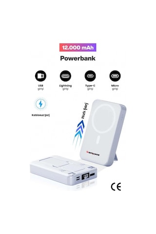 Sprange Sr-p28m 12000mah Magsafe Powerbank 15w Kablosuz Şarj, 20w Pd Hızlı Şarj, Lcd Ekranlı, Standl Beyaz