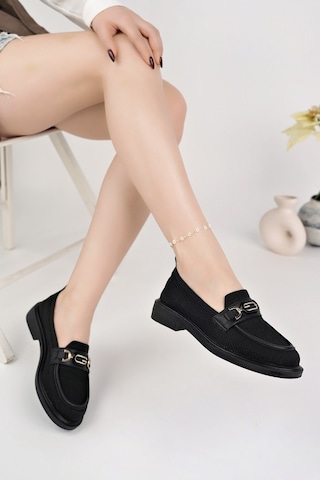 Muggo Sakura Metal Tokalı Triko Kadın Loafer Günlük Makosen Ayakkabı Siyah