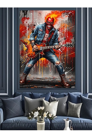 Elektrogitar Çalan Kırmızı Maskeli Rock Müzisyeni Dekoratif Kanvas - Mdf Ahşap Tablo