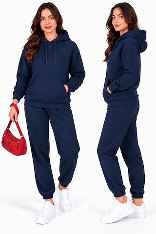 Justas Kadın Lacivert Kapüşonlu Kanguru Cepli 3 İplik Şardonlu Sweatshirt