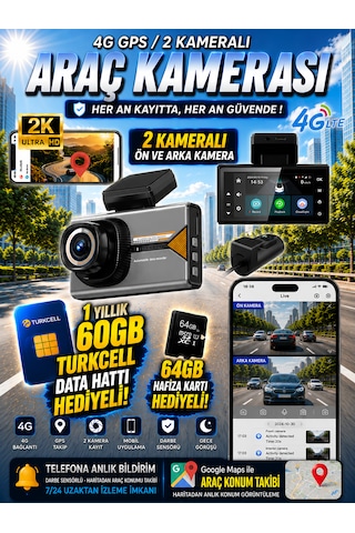 Onkar 2 Kameralı Ön Ve Arka 1 Yıl Turkcell Data + 64 Gb Hafıza Kartlı Gps Araç Kamerası